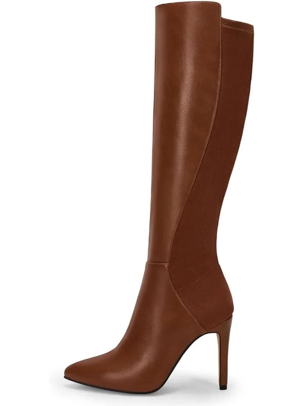 Women's Brown Stiletto Heel Pointed Toe Faux Leather Zipper Knee High Boots